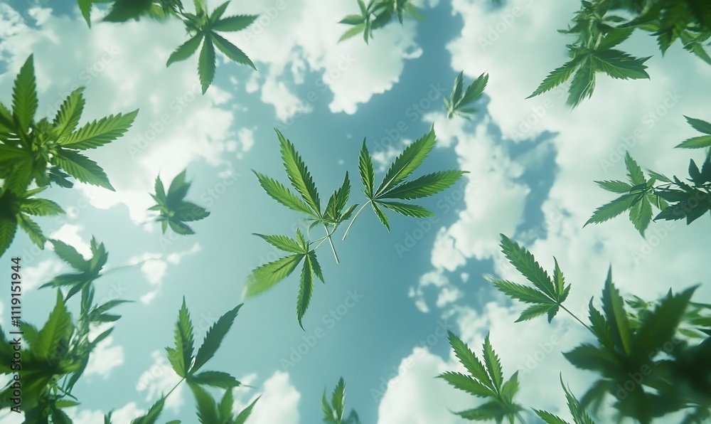 Cannabis plants against a bright blue sky with fluffy clouds, viewed from below. Cannabis plants against a bright blue sky with fluffy clouds, viewed from below.