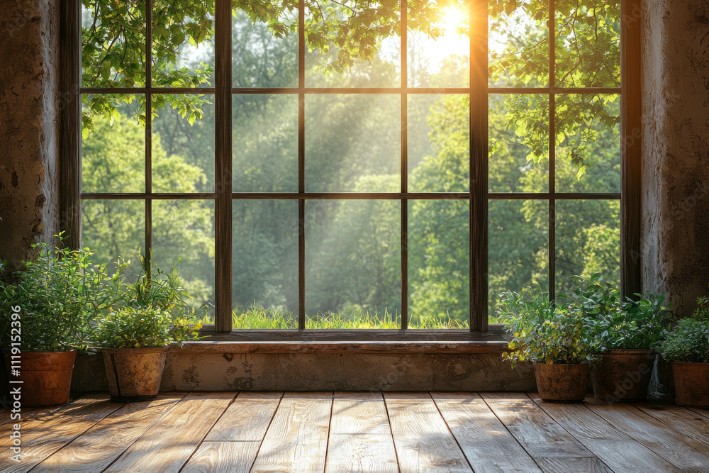 Sunlight streams through a large window into a room with plants and wooden floor. Sunlight streams through a large window into a room with plants and wooden floor.