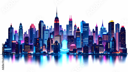 Neon colored city skyline with reflection on white background