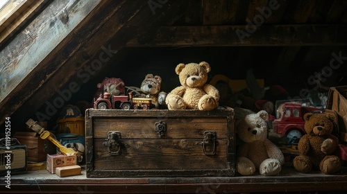 A dusty attic scene with a forgotten chest full of old toys like teddy bears, dolls, and wooden trains