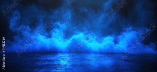 Blue smoke and fog on dark floor background.