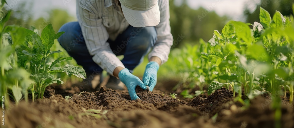 Naklejka premium A farmer plants a seed in a field of growing crops while wearing blue gloves.
