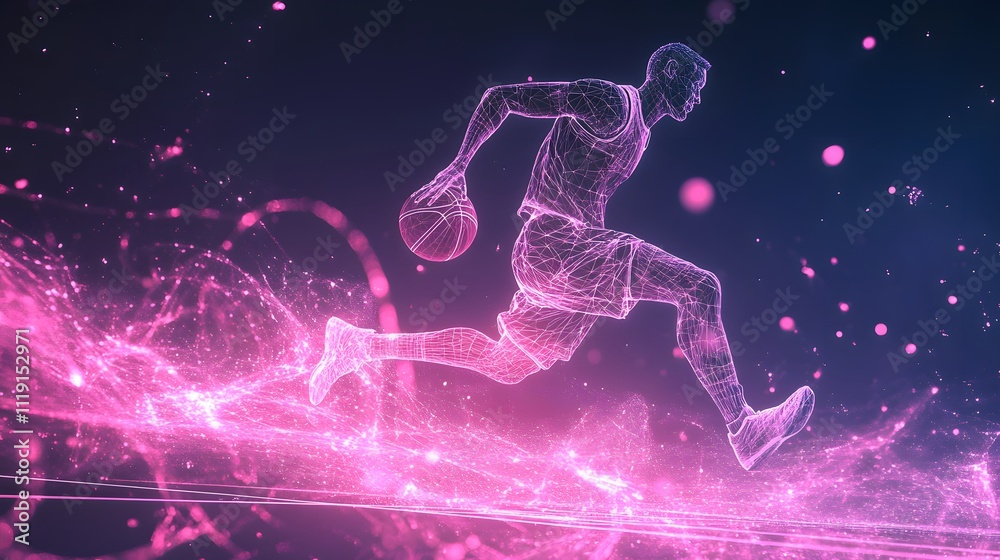 Wireframe basketball player dribbling a ball with glowing lines and pink particles in the background Wireframe basketball player dribbling a ball with glowing lines and pink particles in the background
