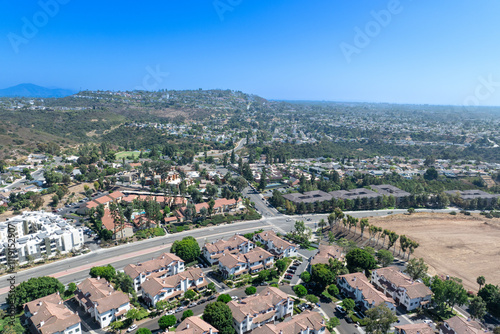 Aerial view of residential subdivision condominium house neighborhood in Mission Mesa. South California, USA