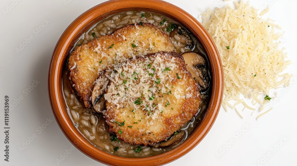 Crispy Eggplant Parmesan with Garnish and Mushroom Risotto Crispy Eggplant Parmesan with Garnish and Mushroom Risotto