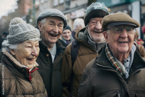 Portrait of happy senior people walking on the street in winter.