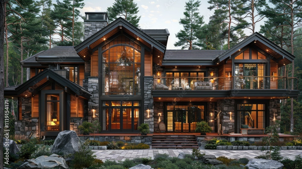 Luxurious modern log cabin home with stone accents, large windows, and expansive deck at dusk. Luxurious modern log cabin home with stone accents, large windows, and expansive deck at dusk.