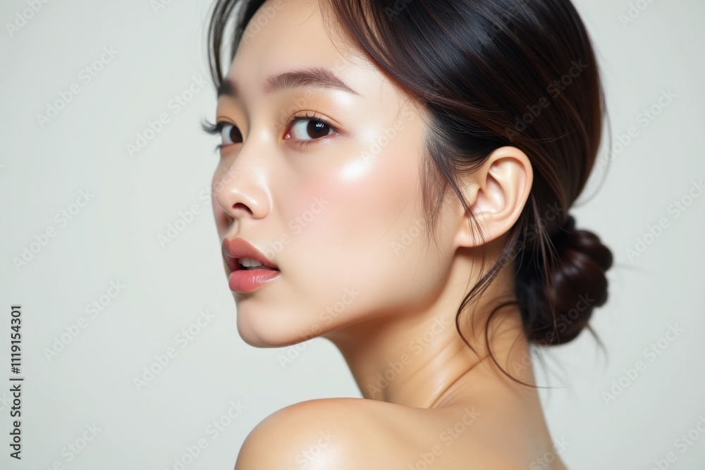 Beautiful Asian woman with radiant glowing skin, natural makeup, and sleek bun hairstyle, captured in soft light for luxury skincare or fashion advertisement concept. Beautiful Asian woman with radiant glowing skin, natural makeup, and sleek bun hairstyle, captured in soft light for luxury skincare or fashion advertisement concept.