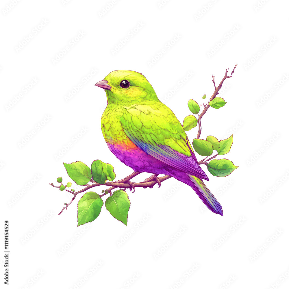 Vibrant Green and Purple Bird Perched on Branch with Lush Leaves