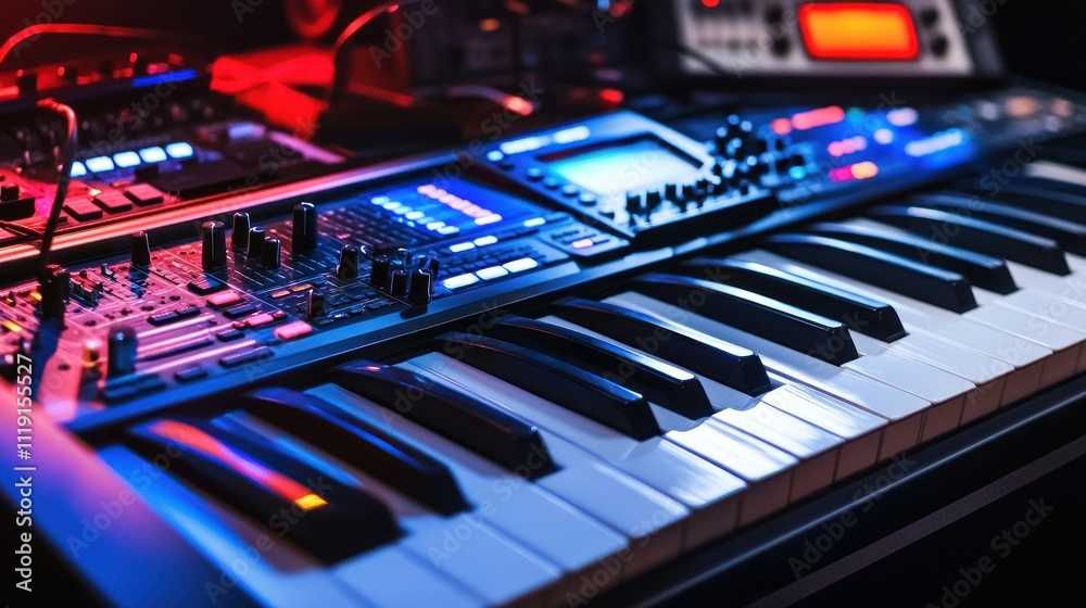 A close-up view of a synthesizer keyboard with colorful lighting and various controls. A close-up view of a synthesizer keyboard with colorful lighting and various controls.