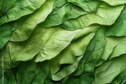 Close-up of fresh spinach leaves, vibrant green with water droplets. Perfect for healthy food, vegetarian, or nature-themed designs.