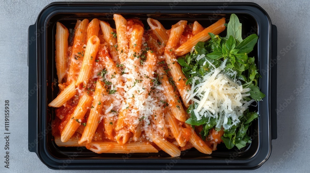 Delicious Penne Pasta with Tomato Sauce and Fresh Basil Garnish Delicious Penne Pasta with Tomato Sauce and Fresh Basil Garnish