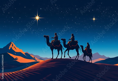 Christmas Nativity Scene - Three Wise Men in the desert at night
