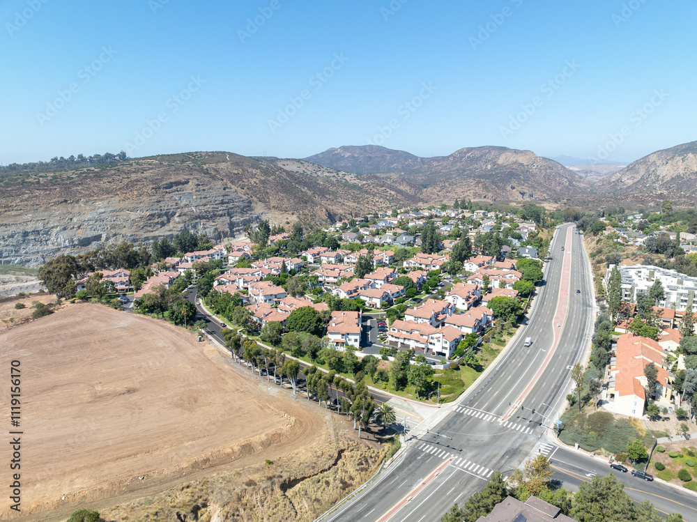 Aerial view of residential subdivision condominium house neighborhood in Mission Mesa. South California, USA