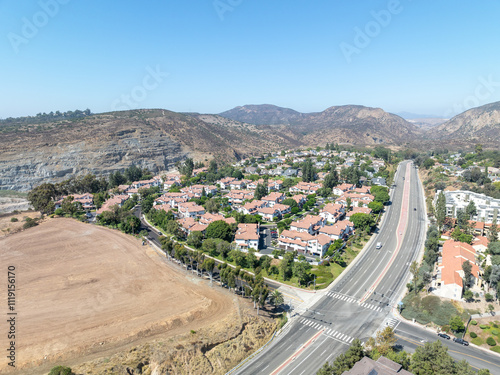 Aerial view of residential subdivision condominium house neighborhood in Mission Mesa. South California, USA photo