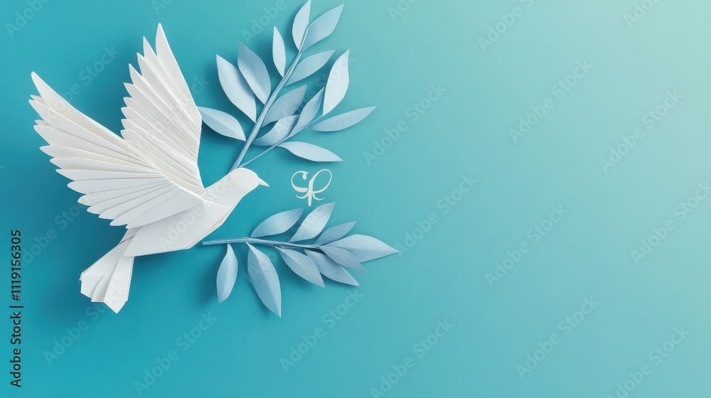 Serene Origami Dove with Olive Branches on Teal Background: A Symbol of Peace and Tranquility Serene Origami Dove with Olive Branches on Teal Background: A Symbol of Peace and Tranquility