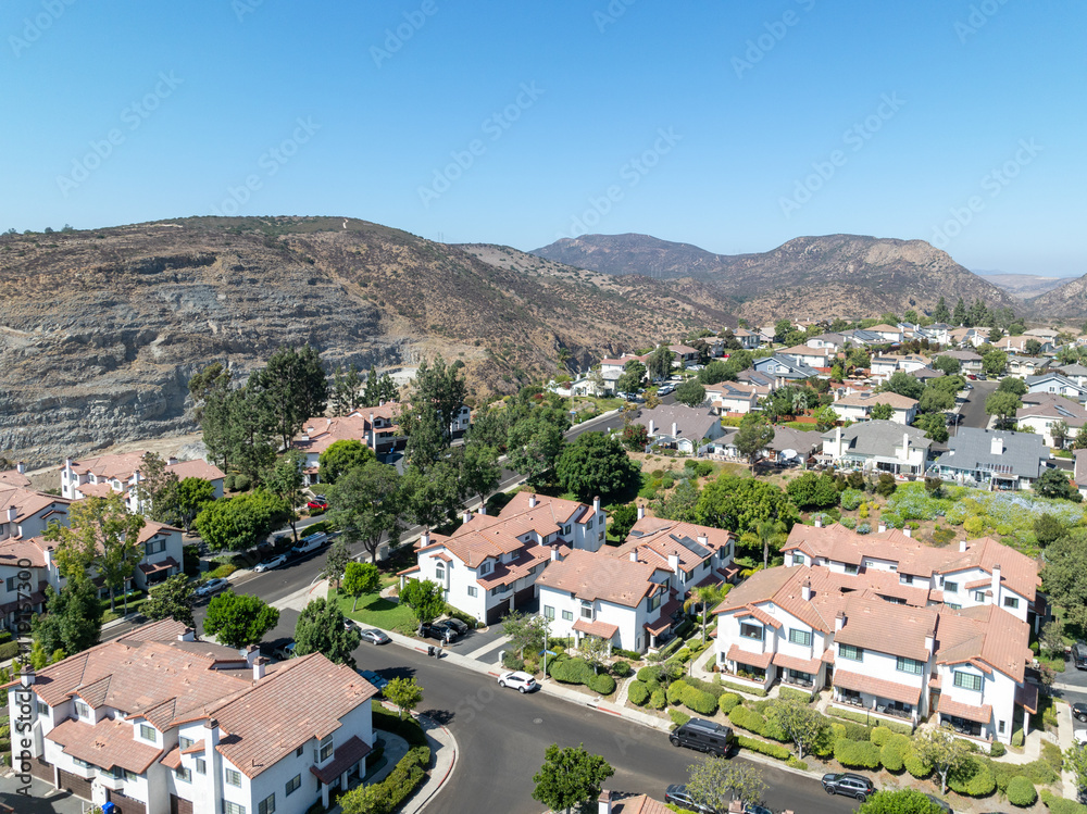Aerial view of residential subdivision condominium house neighborhood in Mission Mesa. South California, USA Aerial view of residential subdivision condominium house neighborhood in Mission Mesa. South California, USA
