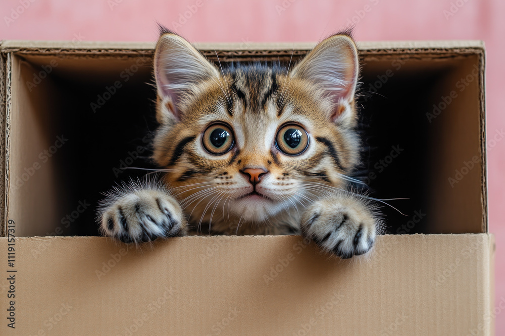 Cute tabby kitten peeking out of a cardboard box.