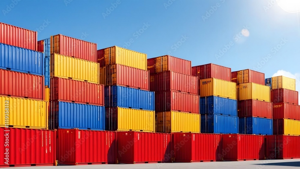 Vibrant stacks of cargo containers gleam under a bright sun, showcasing global trade and logistics. Vibrant stacks of cargo containers gleam under a bright sun, showcasing global trade and logistics.