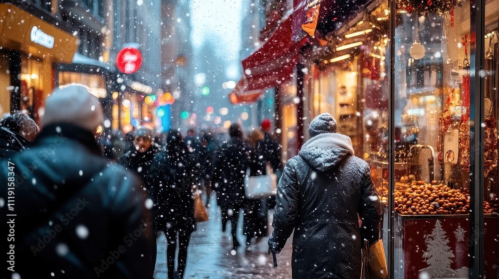 Fototapeta premium Snowy City Street with Holiday Decorations and People Shopping