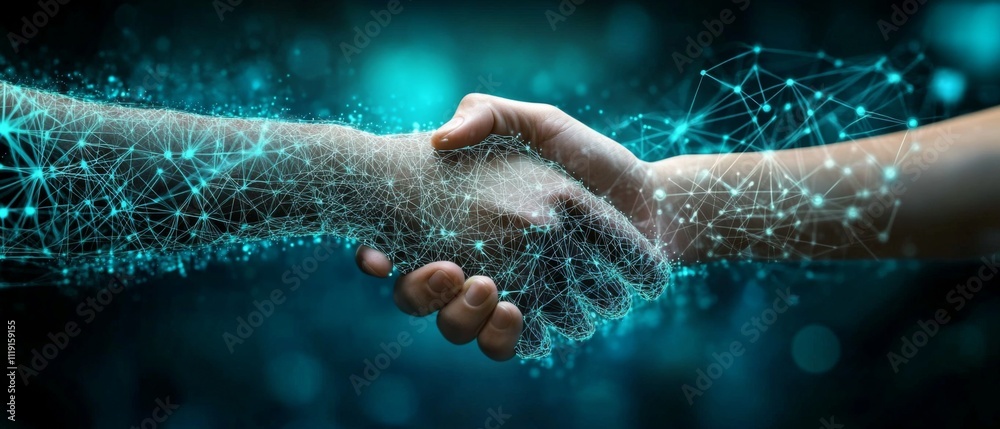 Interconnected Hands Symbolizing Partnership on Dark Blue Network Background - Business and Partnership Concept in Abstract Image Interconnected Hands Symbolizing Partnership on Dark Blue Network Background - Business and Partnership Concept in Abstract Image