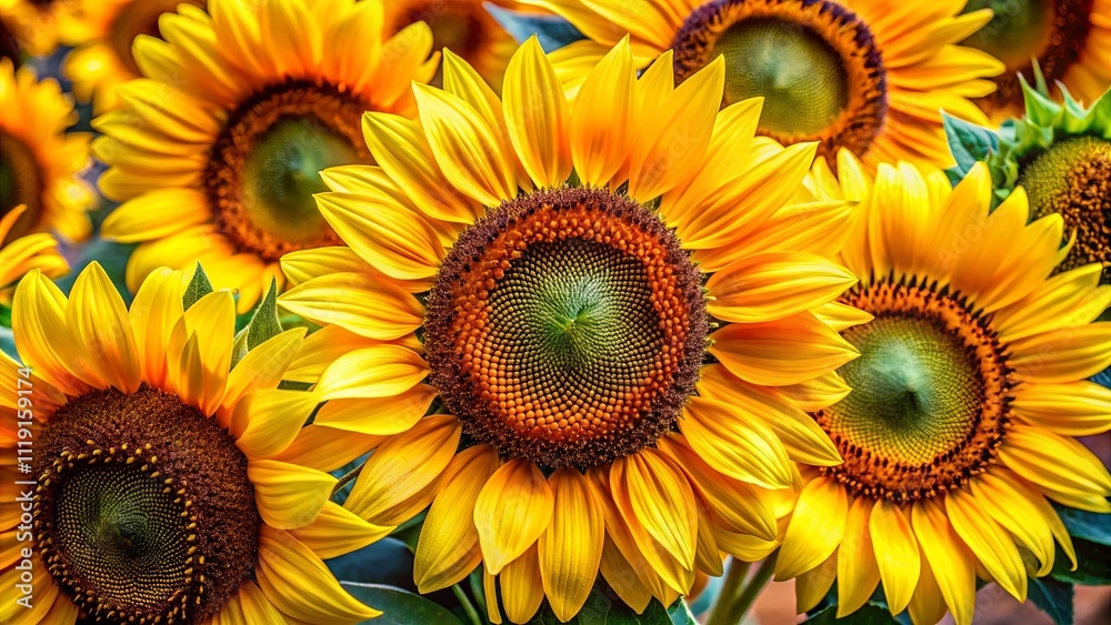 Obraz premium A vibrant tapestry of golden yellow petals, each sunflower a miniature sun radiating warmth and joy, their intricate centers revealing the beauty of nature's design.