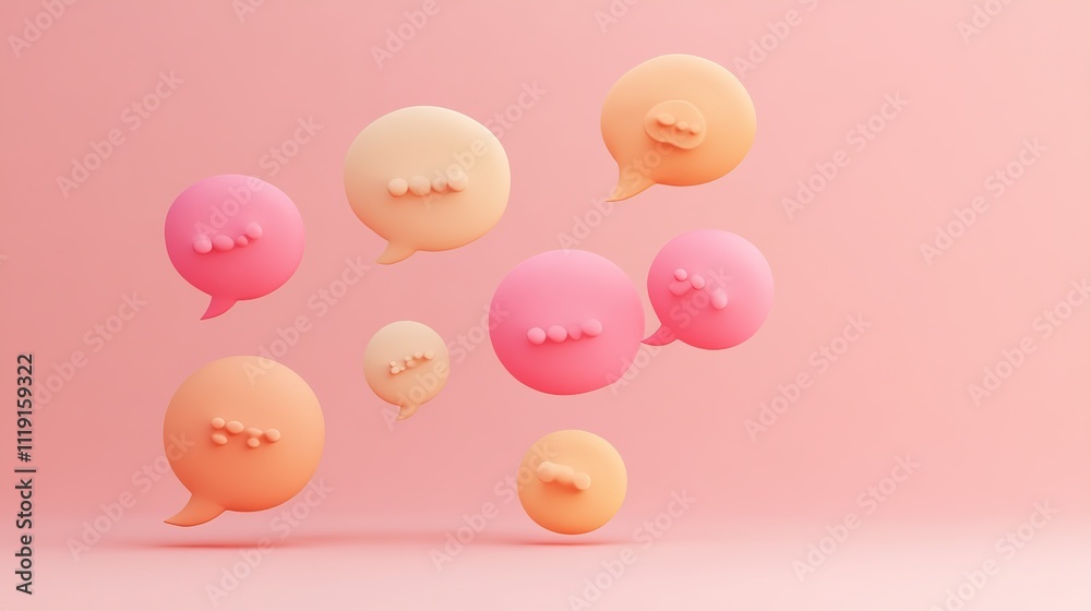 Pastel-colored 3D speech bubbles floating on pink background. Pastel-colored 3D speech bubbles floating on pink background.