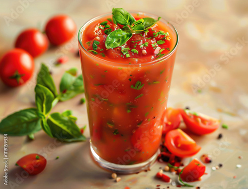 Wallpaper Mural Still life photo of gazpacho soup with tomato and basil in natural light Torontodigital.ca