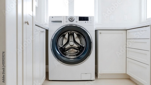 Sleek, modern washer in a bright, clean laundry room.  Enjoy effortless laundry days! photo