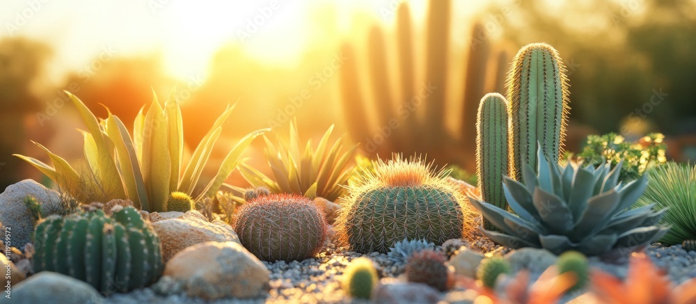 Variety of cacti and succulents bathed in warm sunset light, with a backdrop of tall cacti and a blurred horizon.