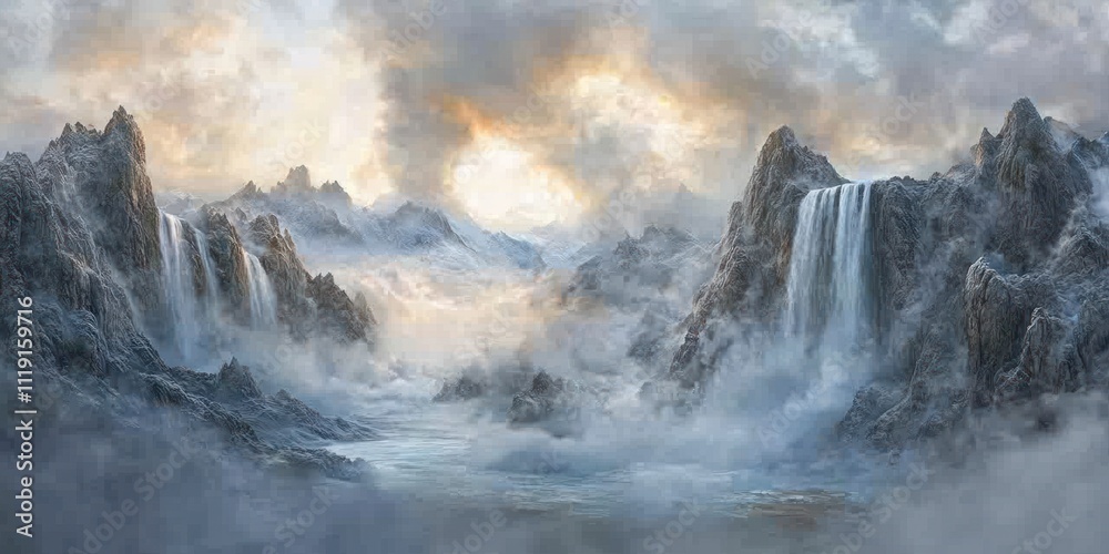 Obraz premium A serene landscape featuring majestic mountains and cascading waterfalls under a cloudy sky.