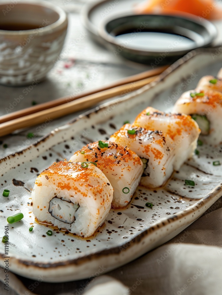 Seared Hamaguri nigiri sushi on rice, served on a ceramic plate, gourmet Japanese traditional Seared Hamaguri nigiri sushi on rice, served on a ceramic plate, gourmet Japanese traditional