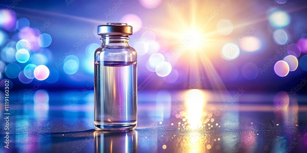 A clear glass vial filled with a transparent liquid, glistening under warm radiant light, reflecting its brilliance on a shimmering surface, surrounded by a mesmerizing blur of colorful orbs. A clear glass vial filled with a transparent liquid, glistening under warm radiant light, reflecting its brilliance on a shimmering surface, surrounded by a mesmerizing blur of colorful orbs.