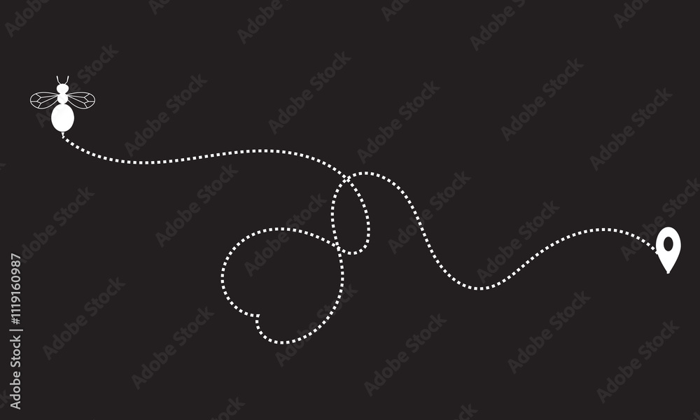 Flying bee. honey bee fly on dotted heart shaped line path. Vector illustration. isolated on black background. EPS 10 Flying bee. honey bee fly on dotted heart shaped line path. Vector illustration. isolated on black background. EPS 10