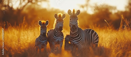 Three zebras stand in a grassy field at sunset, looking toward the camera.