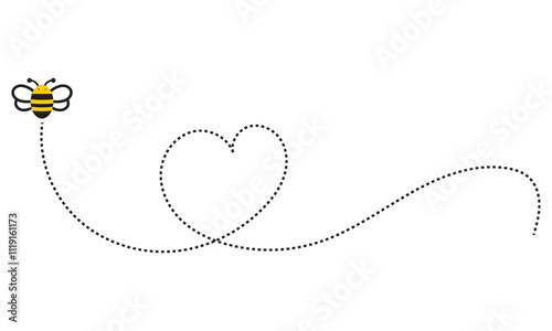Flying bee. honey bee fly on dotted heart shaped line path. Vector illustration. isolated on white background. EPS 10
