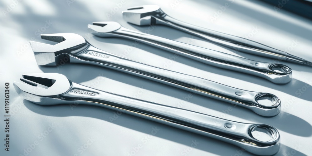 Fototapeta premium A set of shiny metal wrenches arranged on a surface, ready for mechanical tasks.