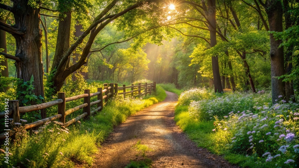 Golden rays illuminate a winding path through a verdant forest, where sunlight filters through the leaves, casting dappled shadows on the mossy ground. Golden rays illuminate a winding path through a verdant forest, where sunlight filters through the leaves, casting dappled shadows on the mossy ground.