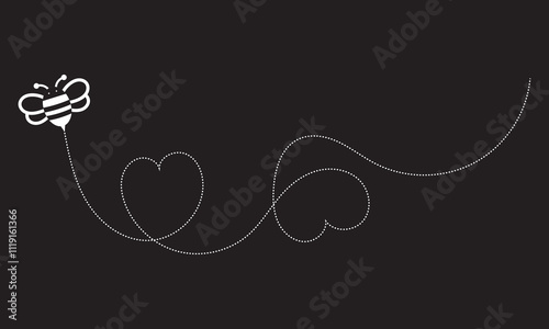 Flying bee. honey bee fly on dotted heart shaped line path. Vector illustration. isolated on  black background. EPS 10