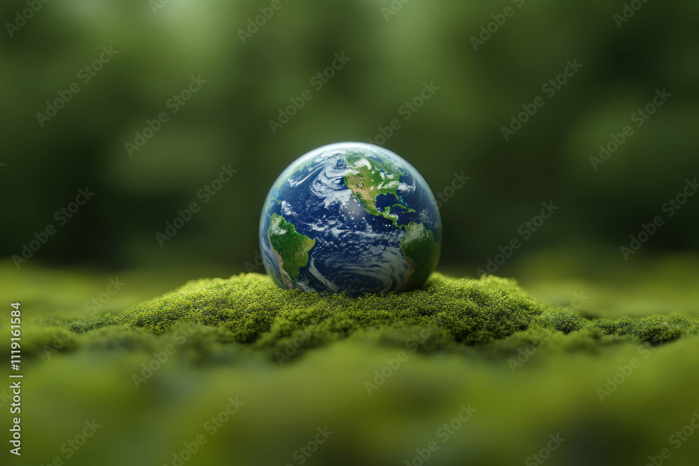 Miniature Earth rests on vibrant green moss, symbolizing environmental conservation and sustainability. Miniature Earth rests on vibrant green moss, symbolizing environmental conservation and sustainability.