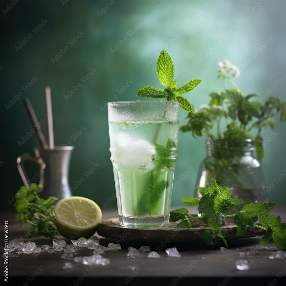 Refreshing herbal drink preparation mint garden botanical beverage soft natural light setting close-up view crystal glassware presentation Refreshing herbal drink preparation mint garden botanical beverage soft natural light setting close-up view crystal glassware presentation