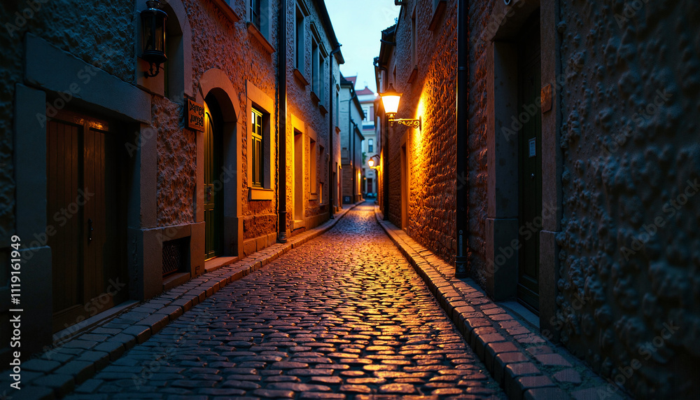 Naklejka premium Narrow cobblestone street at night