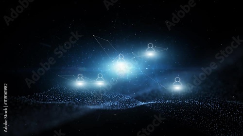 Looping wave dark space with people icons motion background.