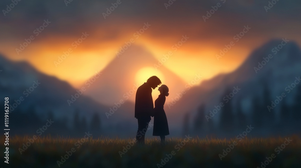 Obraz premium Romantic Couple Silhouette at Sunset Meadow Mountains Background