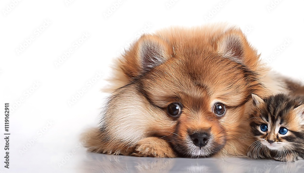 Obraz premium An adorable fluffy Pomeranian puppy lies beside a small Bengal kitten on a white background.