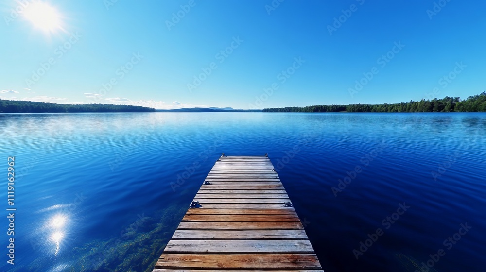 A wooden dock in the middle of a large body of water A wooden dock in the middle of a large body of water