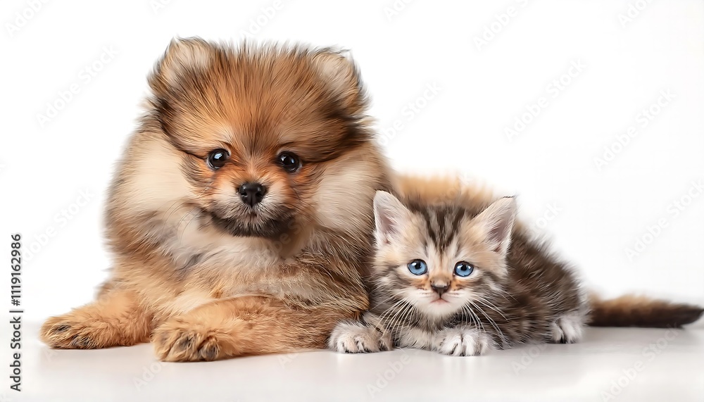 Fototapeta premium An adorable fluffy Pomeranian puppy lies beside a small Bengal kitten on a white background.