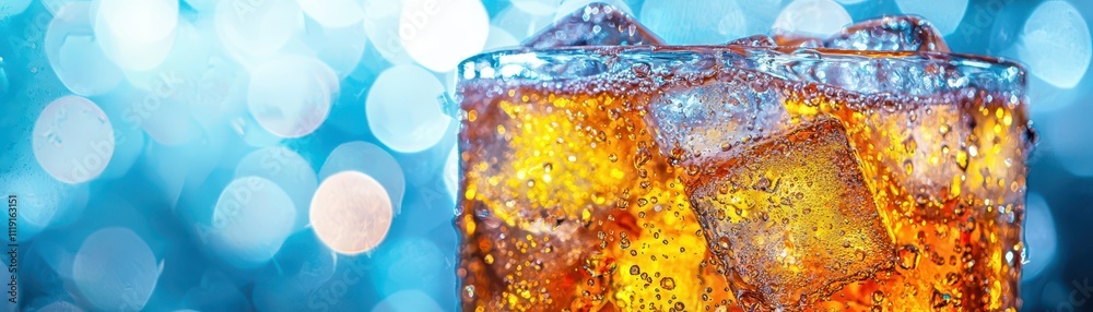 A refreshing glass of fizzy drink with ice, glistening against a vibrant blue bokeh background. A refreshing glass of fizzy drink with ice, glistening against a vibrant blue bokeh background.