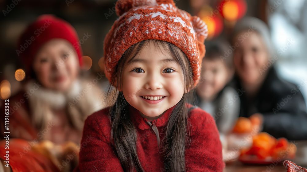 A beautiful Chinese family celebrating Lunar New Year in a warm, festive setting A beautiful Chinese family celebrating Lunar New Year in a warm, festive setting