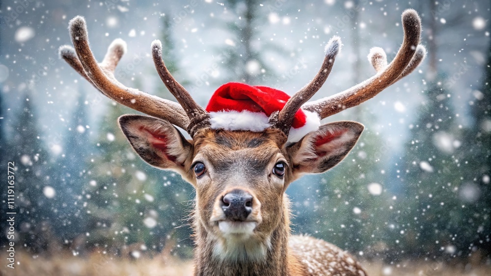 A Festive Deer in a Winter Wonderland, with Antlers Adorned in Snow and a Cheerful Red Hat A Festive Deer in a Winter Wonderland, with Antlers Adorned in Snow and a Cheerful Red Hat